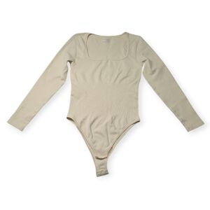 GOQQ Body Suit Women's  S Cream Ribbed Snap Square Neck  Smooth Stretch
